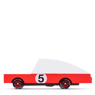 Minimalist red wooden toy race car with a white top and the number 5 printed on the side