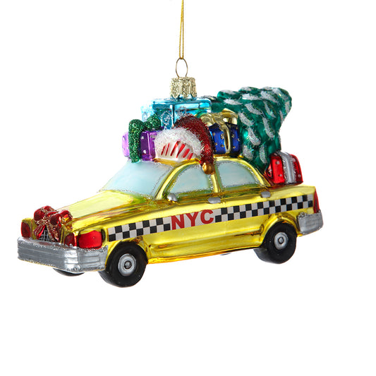 New York City Checker Taxi With Tree Glass Ornament on white background