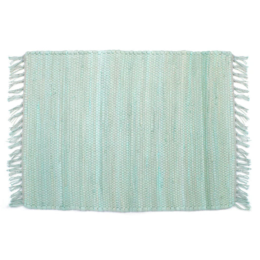 Mint color hand woven table mat with tassels on a white background