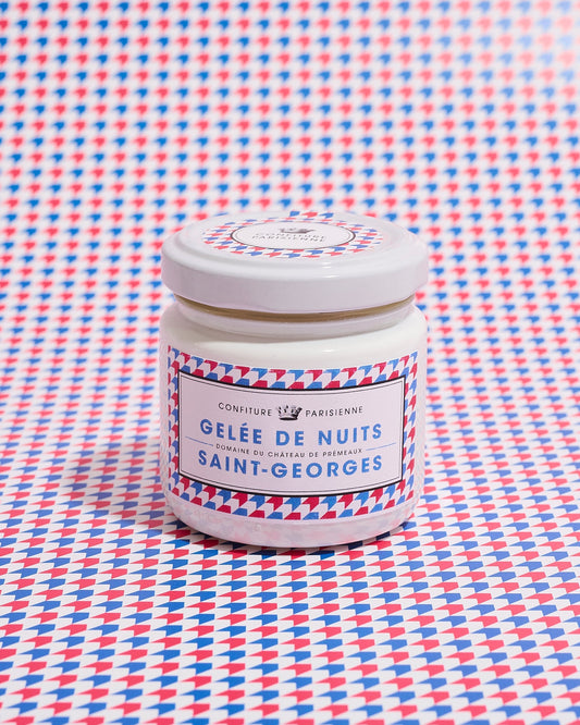 Jar of 'Geèle de Nuits Saint-Georges' on a patterned background