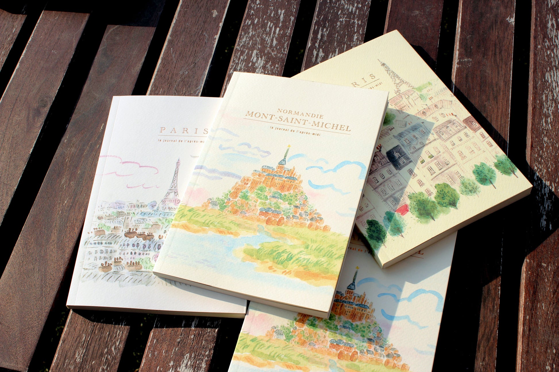 Three illustrated books on a wooden surface