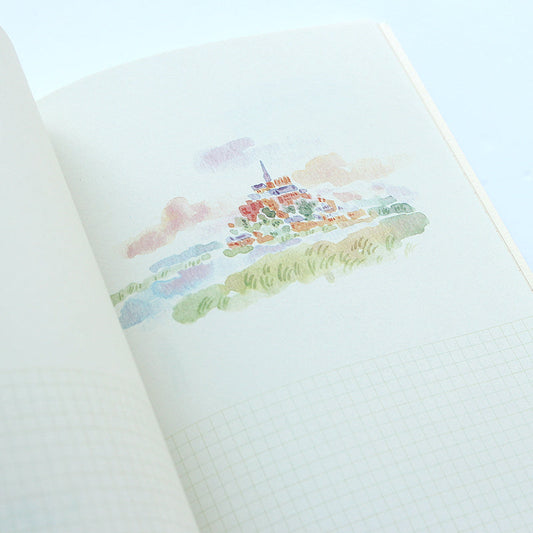 Illustration of a village scene on a notebook page with grid lines.