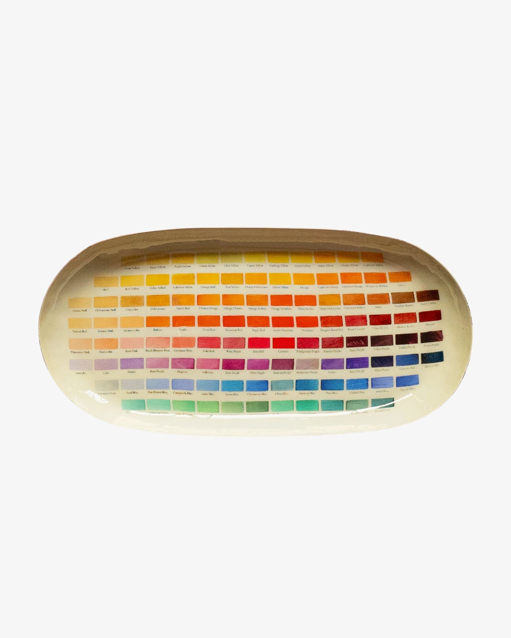 Color swatch tray with a wide range of colors on a white background