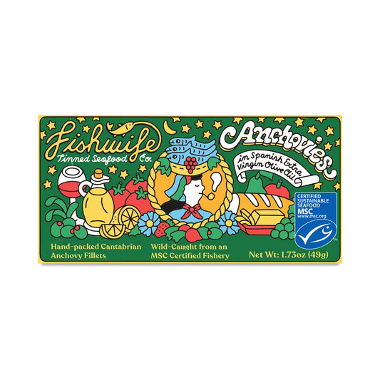 Fishwife canned seafood packaging with colorful illustration and certification logo on a white background