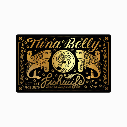 Label for Tuna Belly Fishwife with gold text and black background