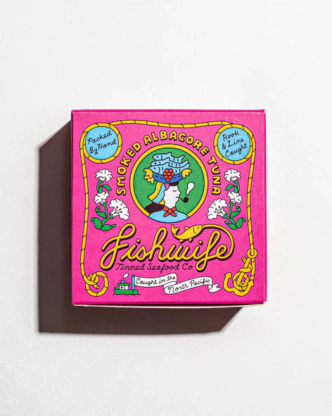 Pink box with smoked albacore tuna on a white background