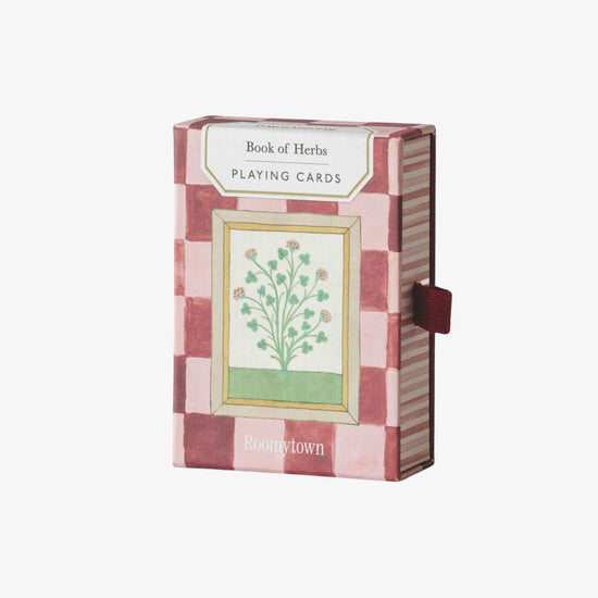 Playing cards box with herb design and 'Roomytown' branding on a white background