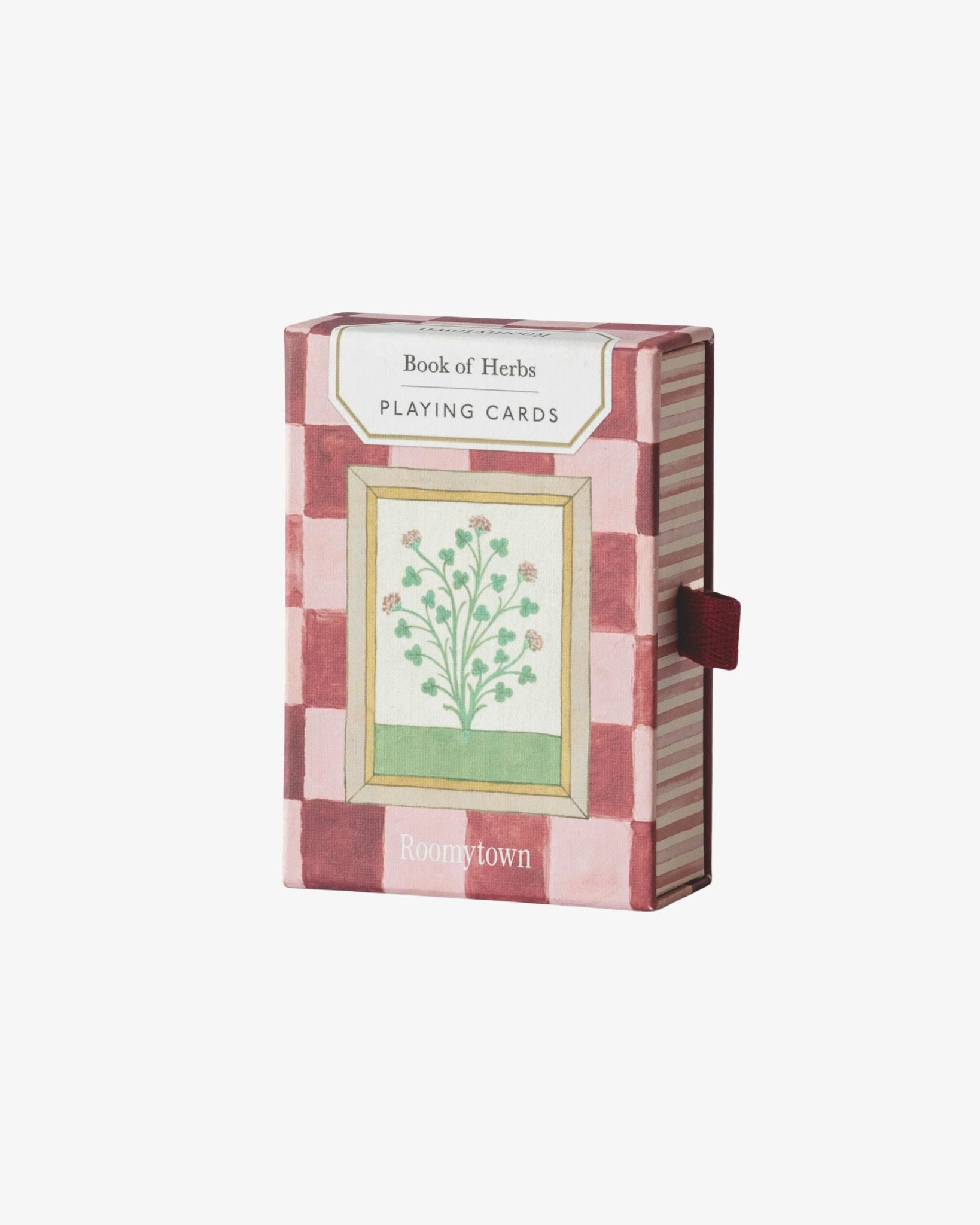 Playing cards box with herb design and 'Roomytown' branding on a white background