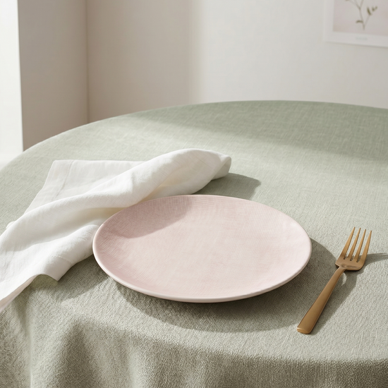 Pink plate with a white napkin and gold fork on a green tablecloth