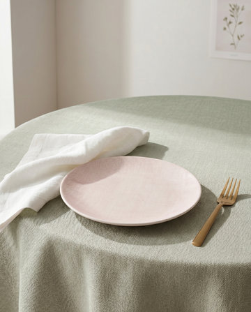 Pink plate with a white napkin and gold fork on a green tablecloth