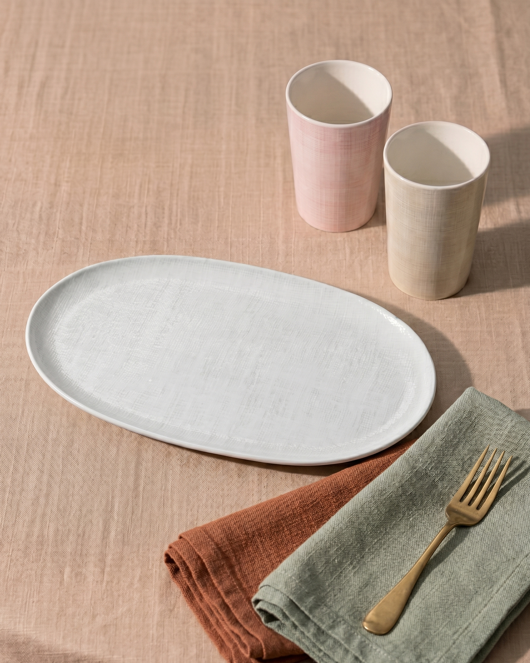 Table setting with a white plate, pink and beige cups, gold fork, and folded napkins on a beige tablecloth.