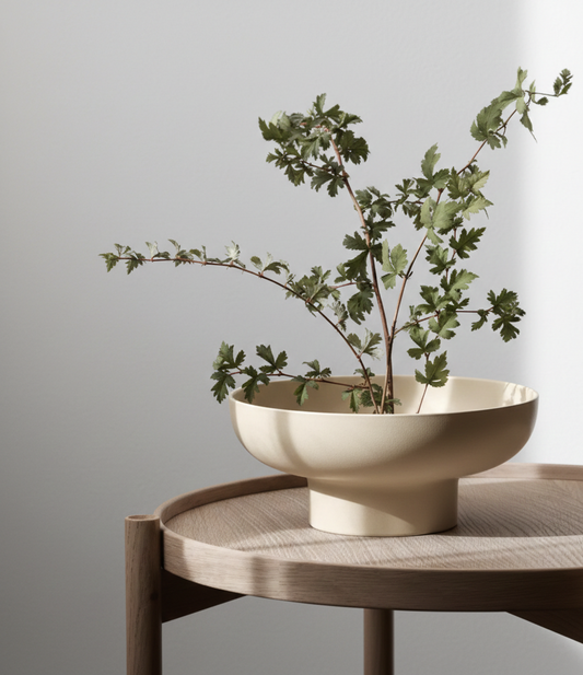 Decorative bowl vase with green branches on a wooden table against a plain wall