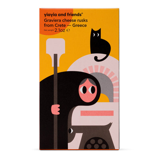 Packaging of Graviera cheese rusks in white background