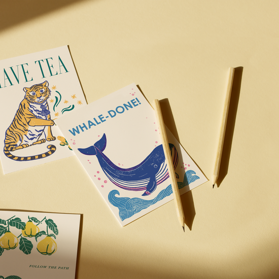 Three illustrated cards with text and graphics on a beige background