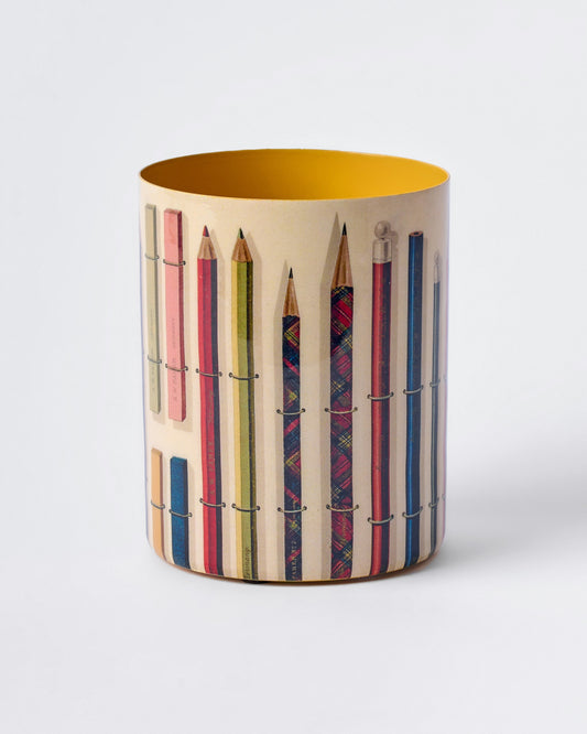 Cylindrical container with patterned pencils design on a white background
