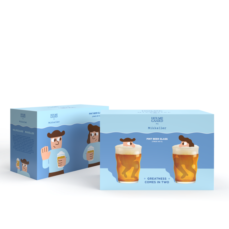 Two blue boxes with a cartoon character and a glass of beer on a white background