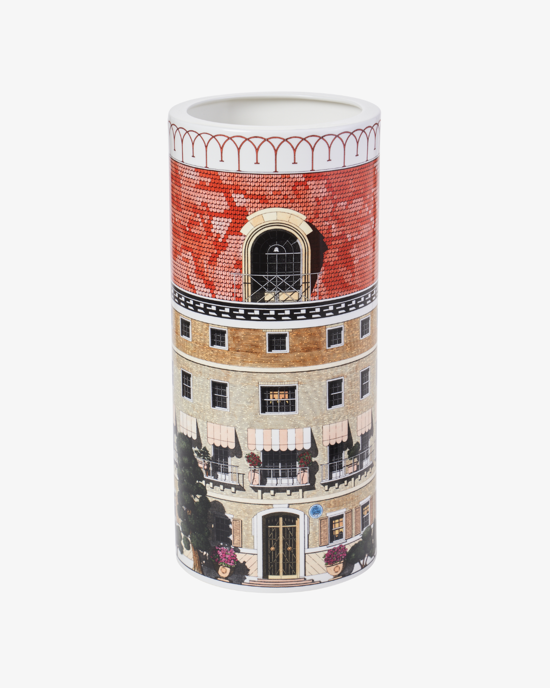 Cylindrical vase with architectural design on a white background
