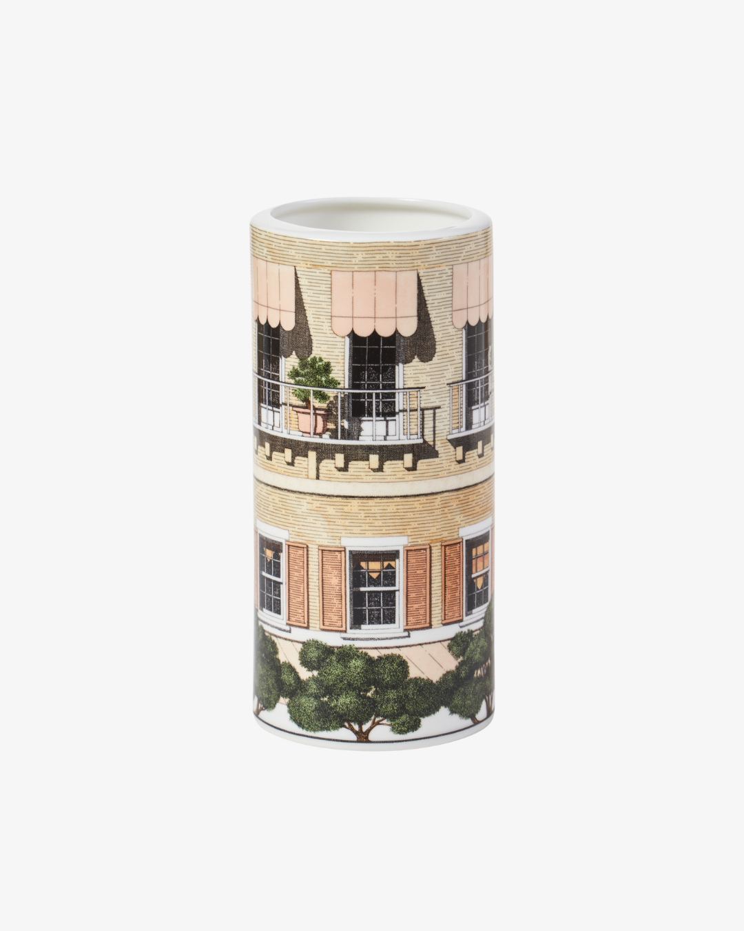 Cylindrical vase with architectural design on a white background