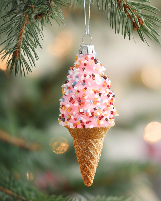 Decorative ice cream cone ornament with pink sprinkles hanging on a Christmas tree.
