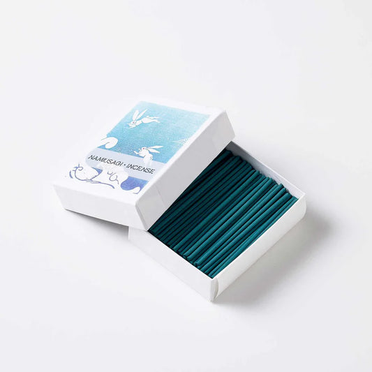 Open box of teal incense sticks with a blue label on a white background