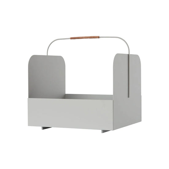 Gray magazine rack with a wooden handle on a white background