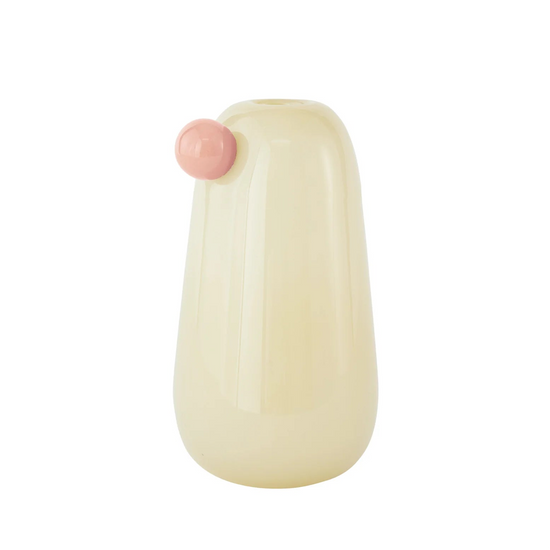 Yellow vase with a pink accent on a white background