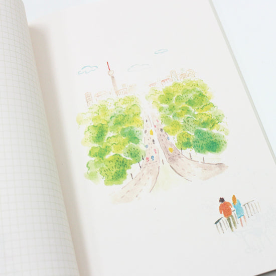 Illustration of a park with trees and people on a notebook