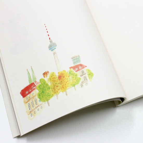 Illustration of a cityscape with buildings and trees on a white background