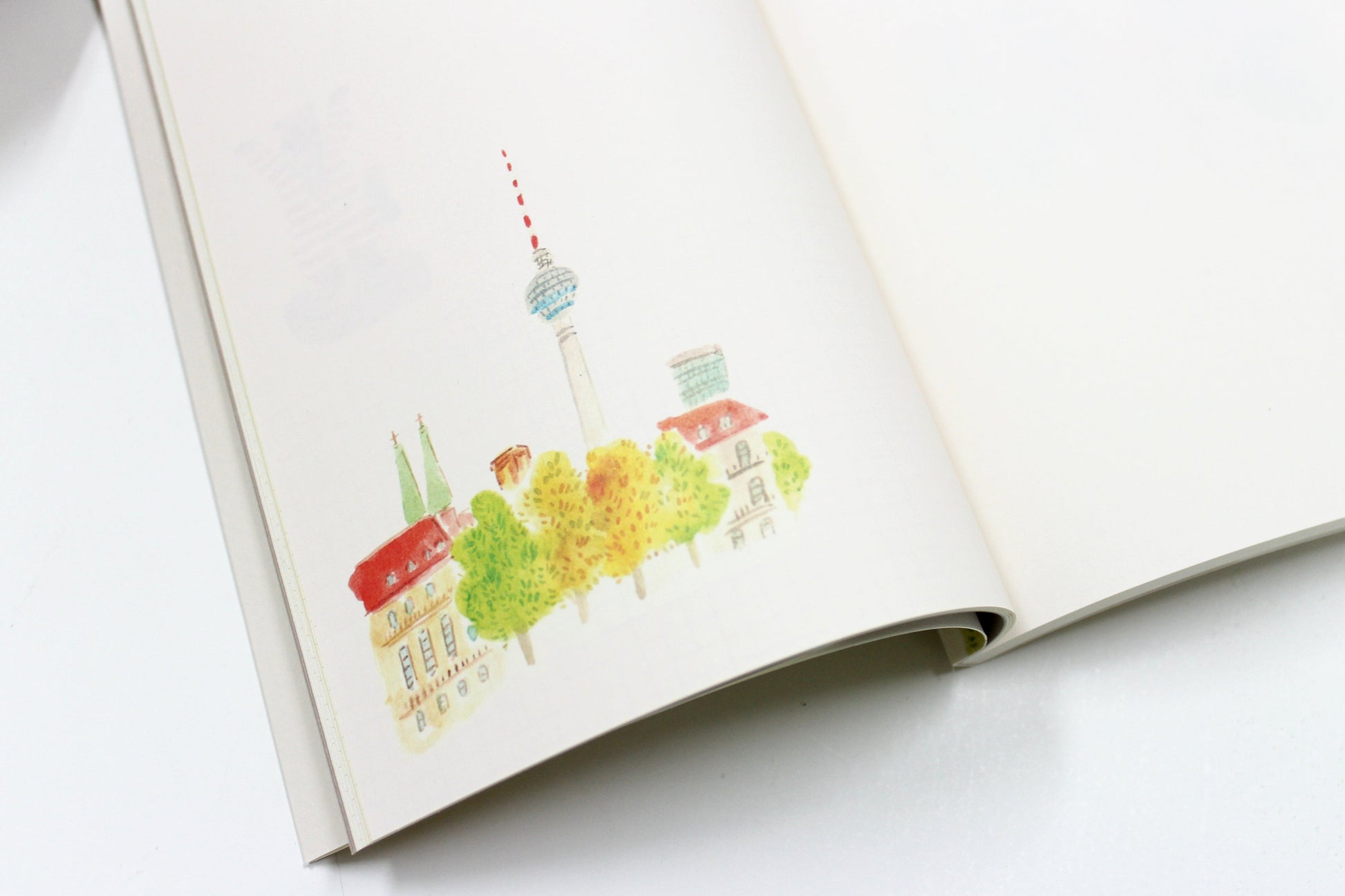 Illustration of a cityscape with buildings and trees on a white background