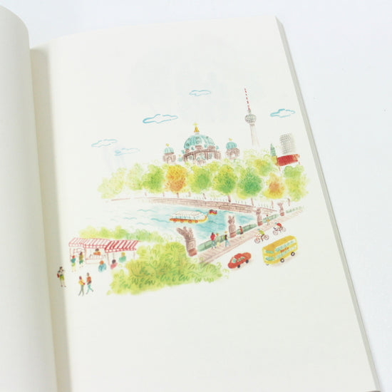 Illustration of a cityscape with buildings and trees on a white background