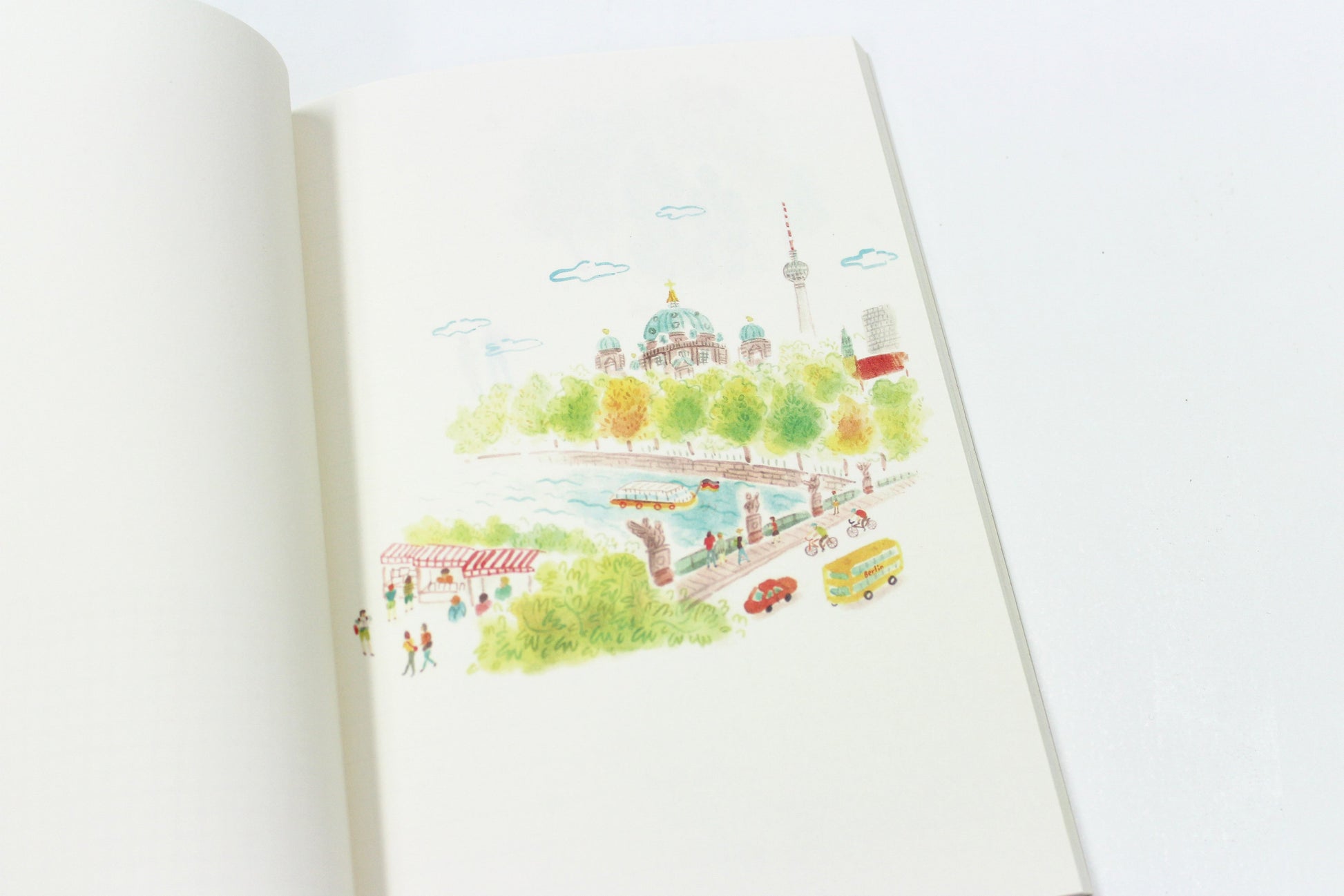 Illustration of a cityscape with buildings and trees on a white background