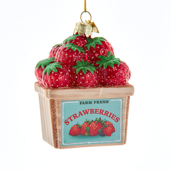 Decorative ornament of strawberries in a basket with 'Farm Fresh Strawberries' label on a white background