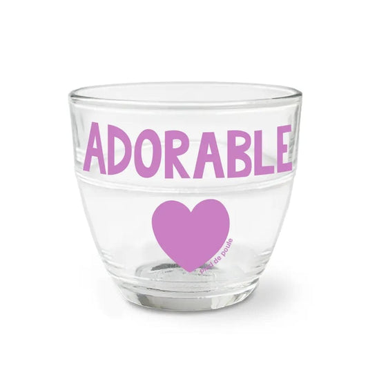 Clear glass with 'ADORABLE' and heart design on a white background