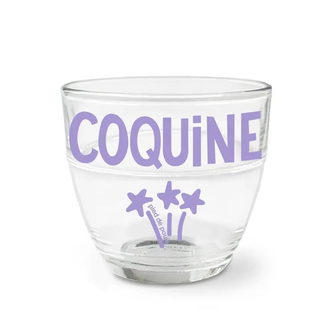 Clear glass with purple text and star designs on a white background