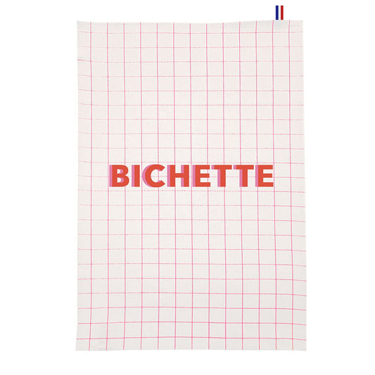 Teal towel with grid pattern and 'BICHETTE' text on a white background