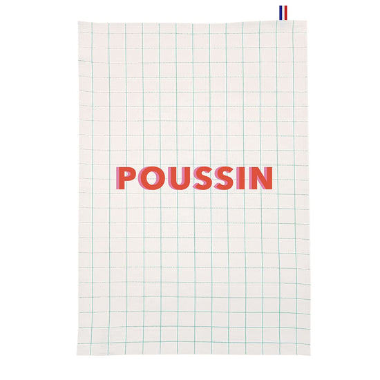 Cloth with grid pattern and 'POUSSIN' branding on a white background