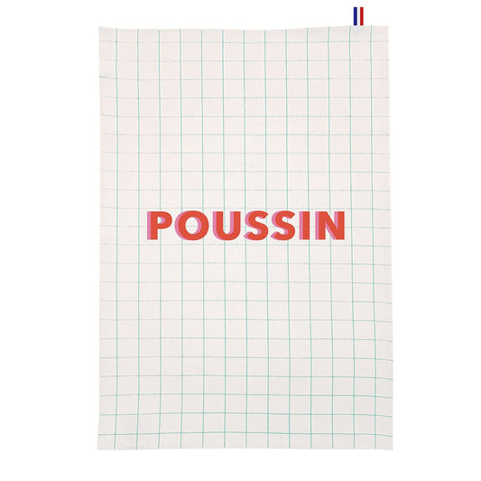 Cloth with grid pattern and 'POUSSIN' branding on a white background