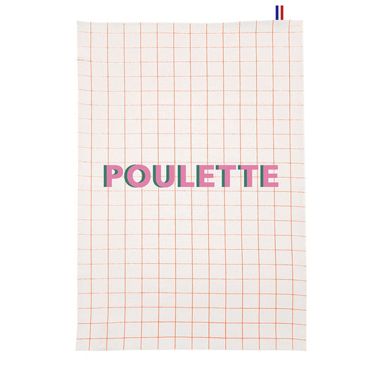 Teal towel with grid pattern and 'POULETTE' text on a white background