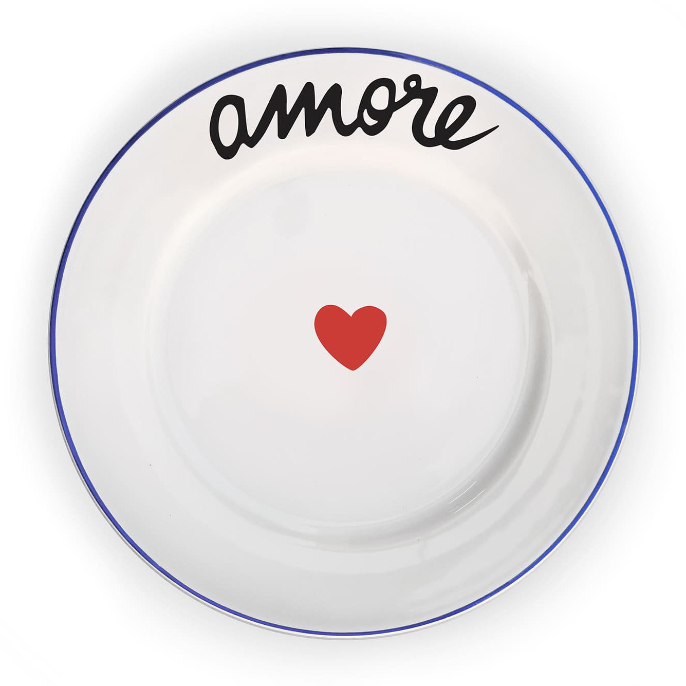 White plate with blue rim, red heart, and black 'amore' text on a white background
