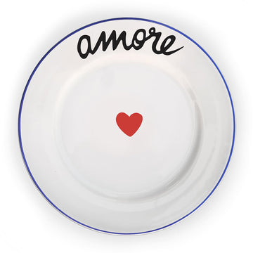White plate with blue rim, red heart, and black 'amore' text on a white background