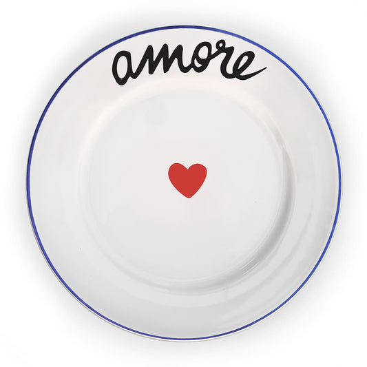 White plate with blue rim, red heart, and black 'amore' text on a white background