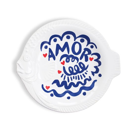 Round white Dinner plate with blue 'AMOR' design on a white background