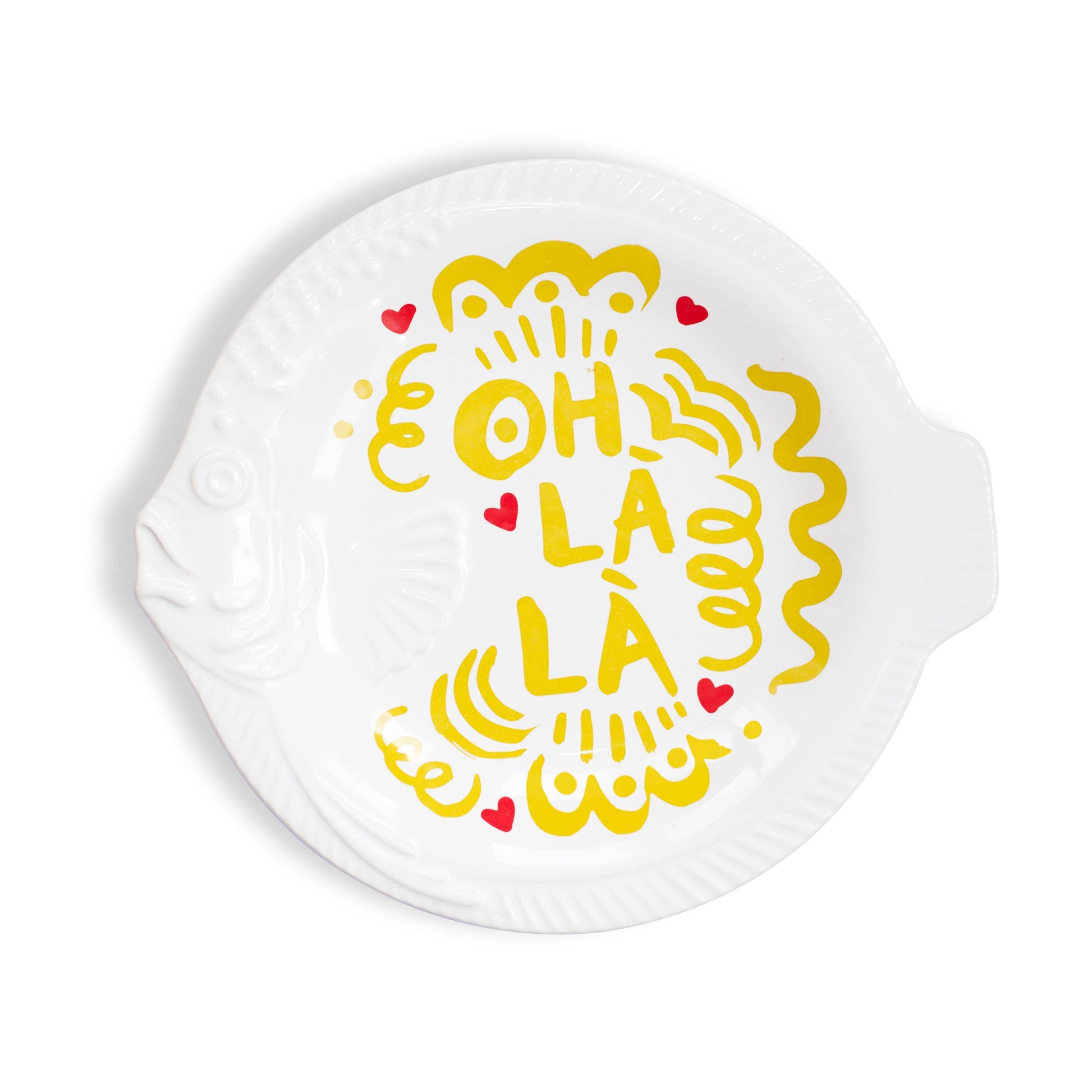 White Dinner plate with yellow 'OH LA LA' text and red hearts on a white background