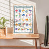 Children's alphabet chart on a wooden table with plants in the background