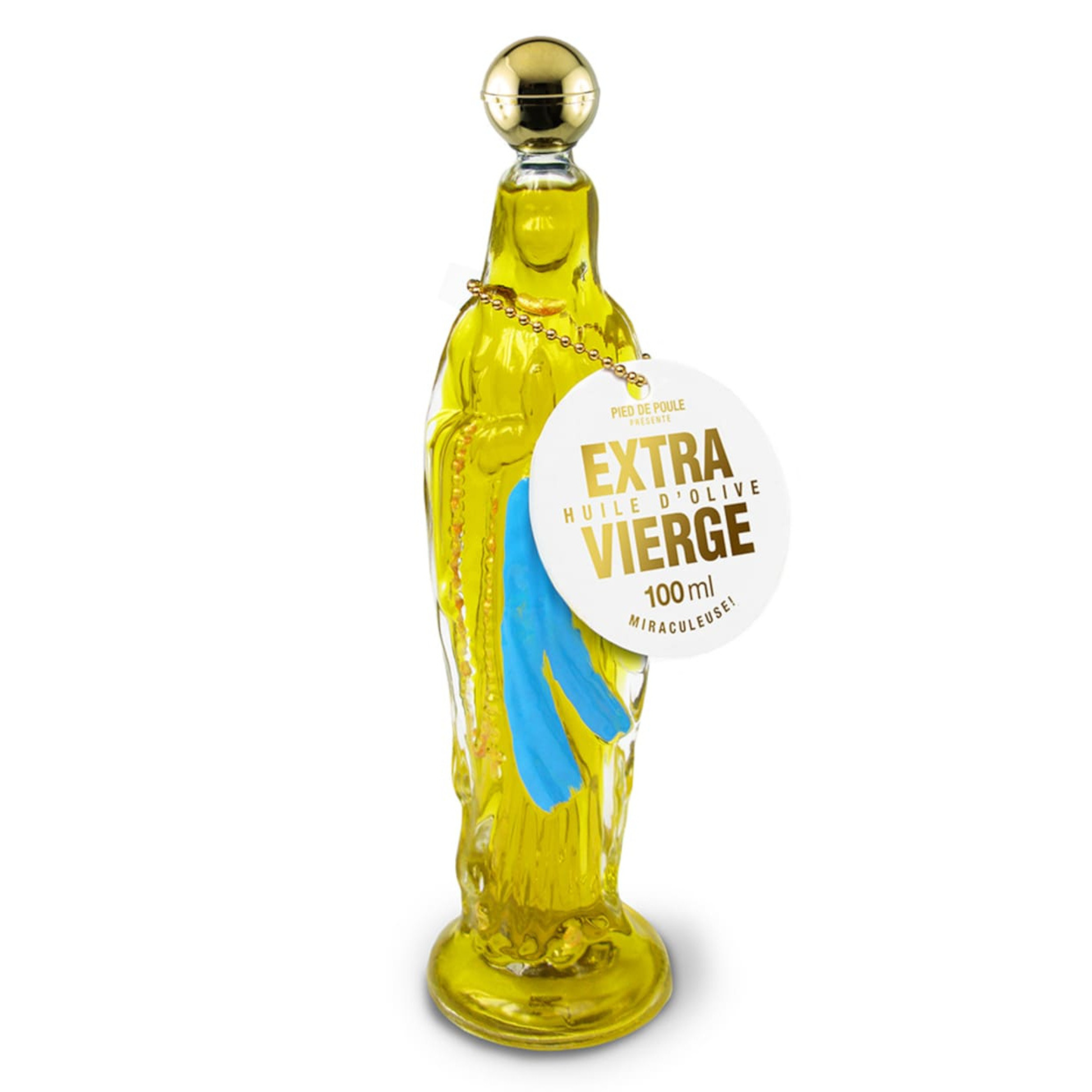 Yellow bottle of olive oil with a label "extra vierge" on a white background
