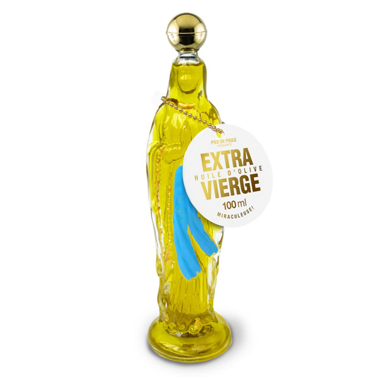 Yellow bottle of olive oil with a label "extra vierge" on a white background