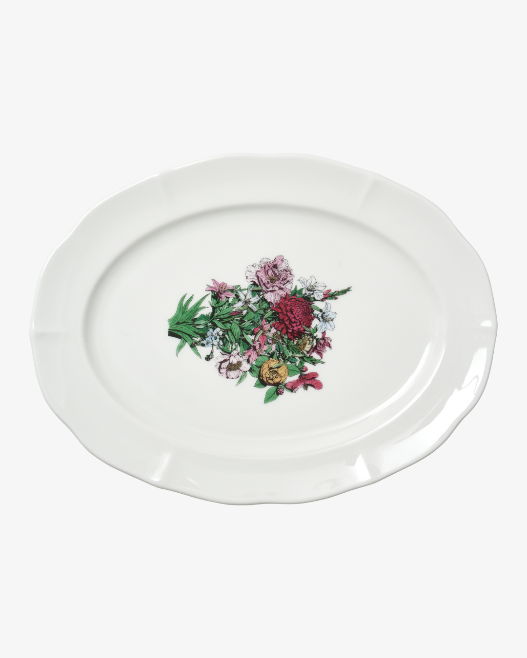White oval plate with floral design on a white background