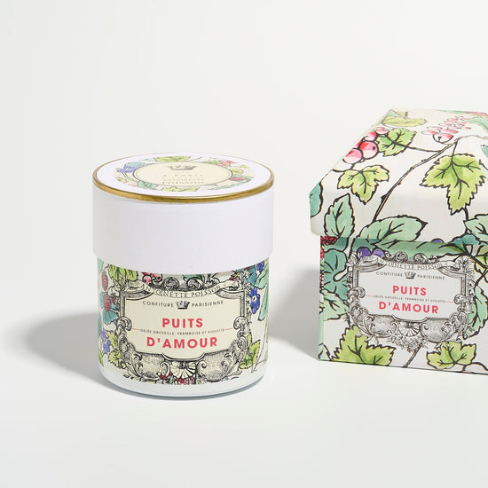 Jam and its packaging with floral design on a white background