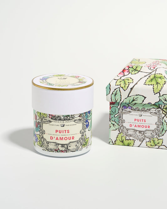 Jam and its packaging with floral design on a white background