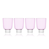 Four pink wine glasses with silver bases on a white background